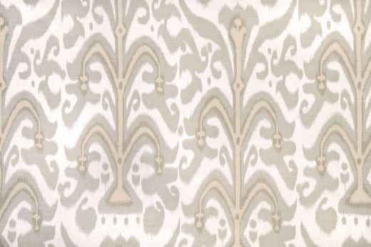 Belfour Damask linen fabric in neutral and grey hues, featuring a repetitive printed damask pattern, designed by Michael Szell for Christopher Farr Cloth.