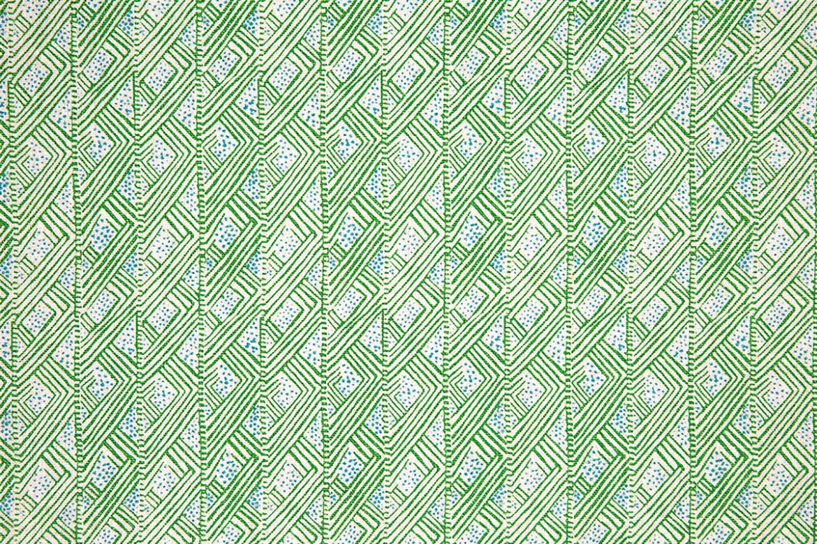 Belge geometric and dotty linen fabric in shades of green and blue, featuring a repetitive, playful abstract small-scale pattern, designed by Barron and Larcher for Christopher Farr Cloth.