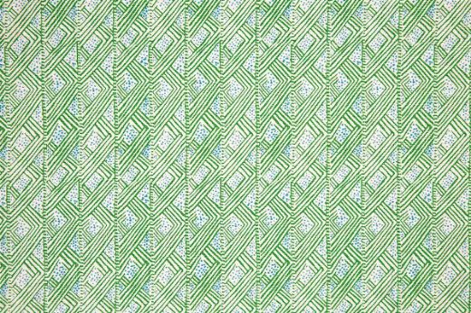 Belge geometric and dotty linen fabric in shades of green and blue, featuring a repetitive, playful abstract small-scale pattern, designed by Barron and Larcher for Christopher Farr Cloth.
