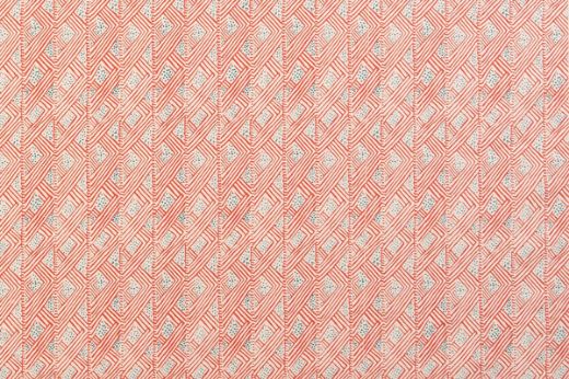 Belge geometric and dotty linen fabric in shades of coral orange and teal on a white background, featuring a repetitive, playful abstract small-scale pattern, designed by Barron and Larcher for Christopher Farr Cloth.