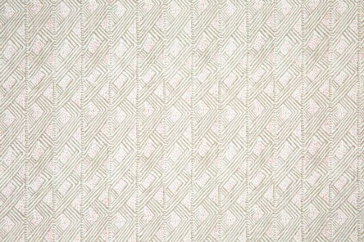 Belge geometric and soft pink dotty linen fabric in shades of neutrals and grey hues on a white background, featuring a repetitive, playful abstract small-scale pattern, designed by Barron and Larcher for Christopher Farr Cloth.