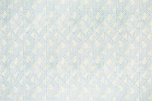 Belge geometric and dotty linen fabric in shades of pale blue shades and green dots on a white background, featuring a repetitive, playful abstract small-scale pattern, designed by Barron and Larcher for Christopher Farr Cloth.
