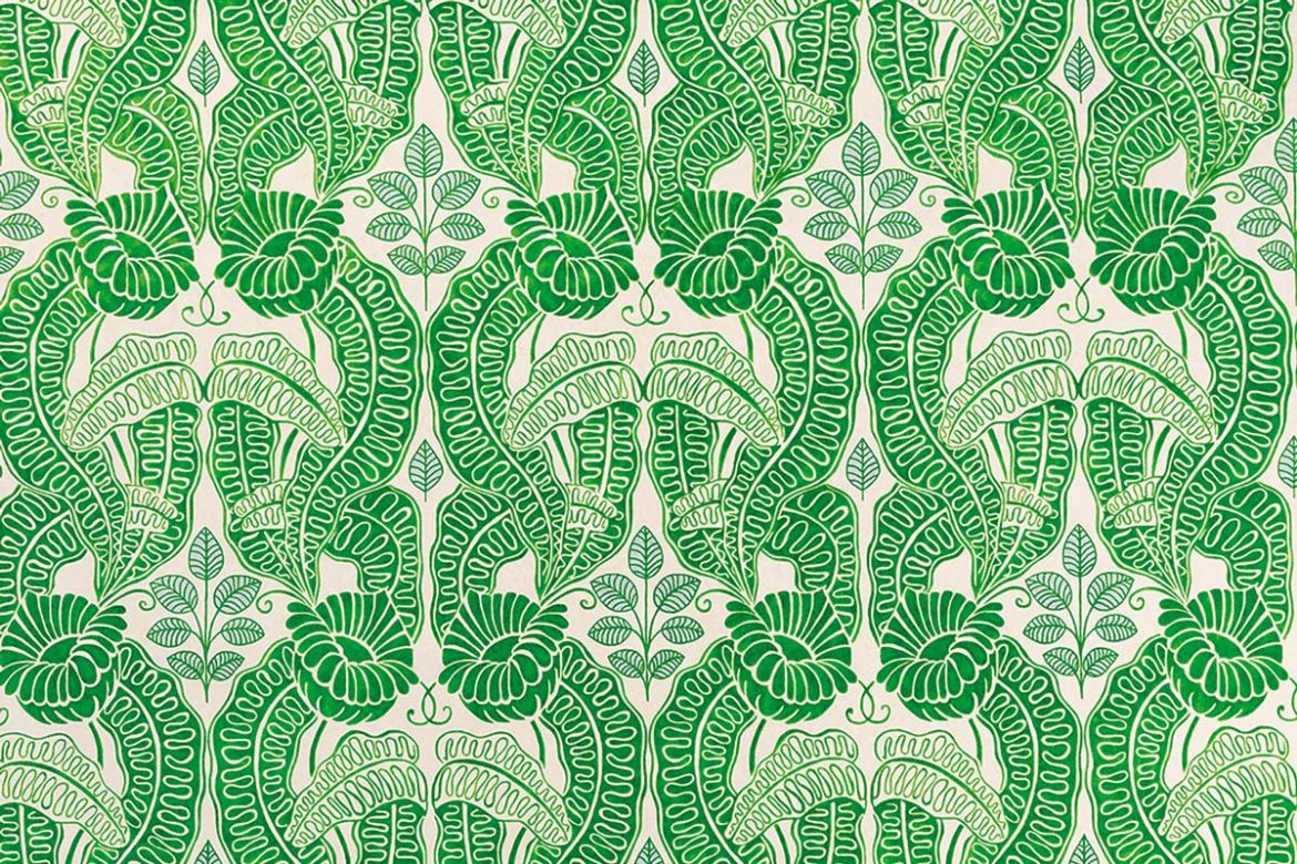 Belle-de-Nuit printed fabric in green and white linen with blue leaves, featuring a floral leaf design, by Raoul Dufy for Christopher Farr Cloth. Printed in the UK.