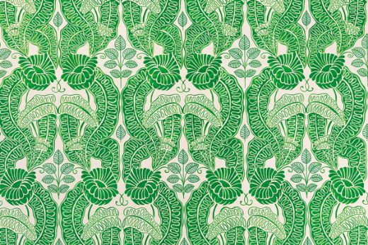 Belle-de-Nuit printed fabric in green and white linen with blue leaves, featuring a floral leaf design, by Raoul Dufy for Christopher Farr Cloth. Printed in the UK.