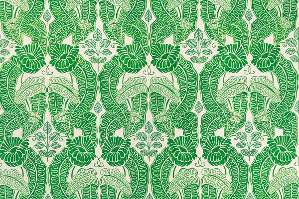 Belle-de-Nuit printed fabric in green and white linen with blue leaves, featuring a floral leaf design, by Raoul Dufy for Christopher Farr Cloth. Printed in the UK.