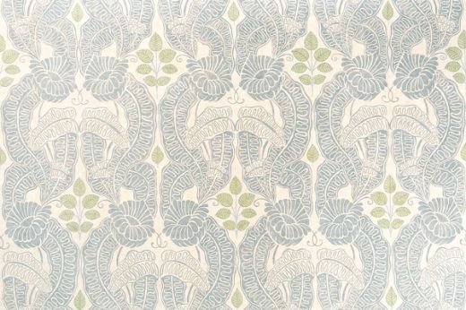 Belle-de-Nuit printed fabric in pale blue and green tones over white linen, showcasing a floral leaf design by Raoul Dufy for Christopher Farr Cloth. Printed in the UK