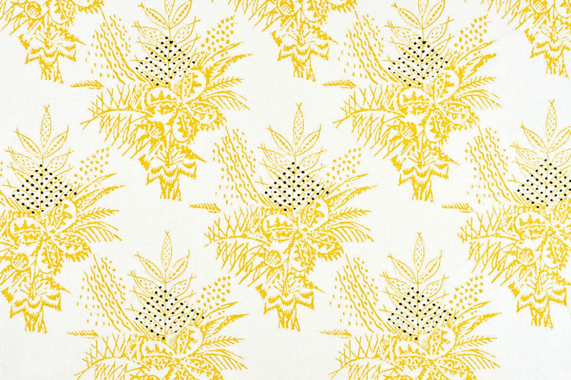Barron Larcher Bouquet floral printed linen fabric in lemon yellow and white, featuring black dots in a repeated pattern, designed for Christopher Farr Cloth.