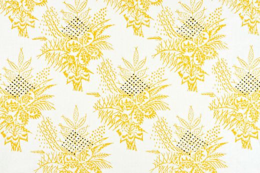 Barron Larcher Bouquet floral printed linen fabric in lemon yellow and white, featuring black dots in a repeated pattern, designed for Christopher Farr Cloth.