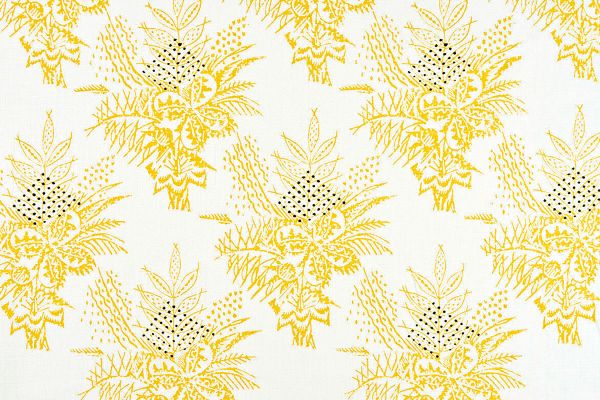 Barron Larcher Bouquet floral printed linen fabric in lemon yellow and white, featuring black dots in a repeated pattern, designed for Christopher Farr Cloth.