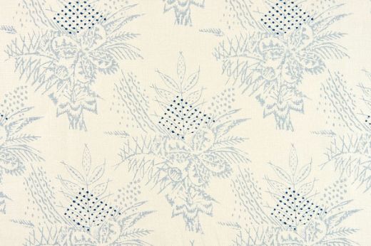Barron Larcher Bouquet floral printed linen fabric in pale blue and white, featuring navy blue dots in a repeated pattern, designed for Christopher Farr Cloth.