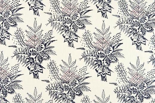 Barron Larcher Bouquet floral printed linen fabric in dark indigo blue and white, featuring orange dots in a repeated pattern, designed for Christopher Farr Cloth.
