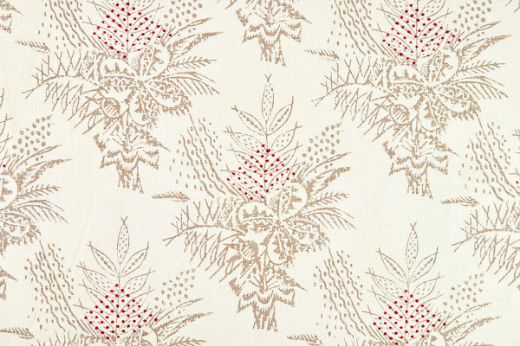 Barron Larcher Bouquet floral printed linen fabric in natural and white, featuring red dots in a repeated pattern, designed for Christopher Farr Cloth.
