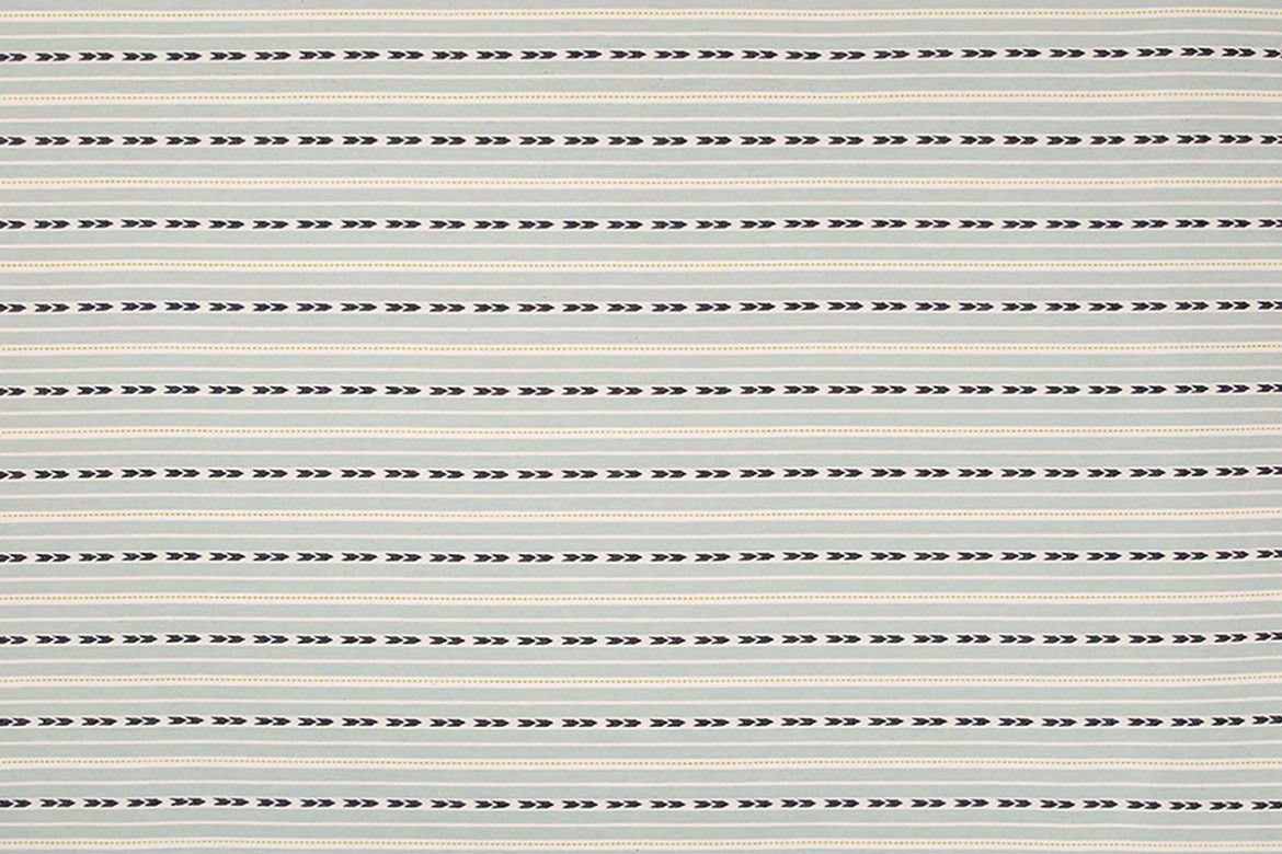 Bow and Arrow Woven Fabric by Kit Kemp in aqua blue and navy blue stripes with arrow pattern, perfect for upholstery, curtains, and cushions, adding texture and elegance 