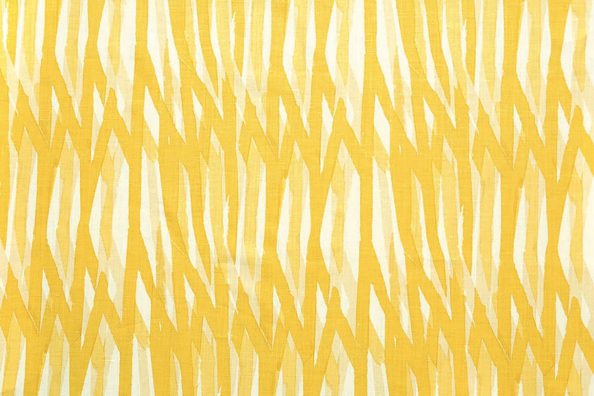 Christopher Farr Breakwater linen printed fabric in lemon yellow on white linen, featuring a geometric pattern, designed for Christopher Farr Cloth.