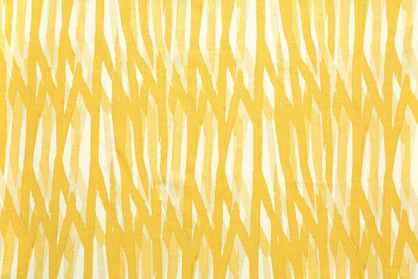Christopher Farr Breakwater linen printed fabric in lemon yellow on white linen, featuring a geometric pattern, designed for Christopher Farr Cloth.