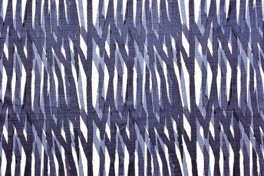 Christopher Farr Breakwater linen printed fabric in indigo blue on white linen, featuring a geometric pattern, designed for Christopher Farr Cloth.