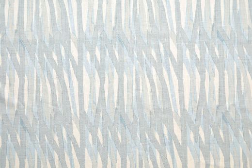 Christopher Farr Breakwater linen printed fabric in pale blue on white linen, featuring a geometric pattern, designed for Christopher Farr Cloth.