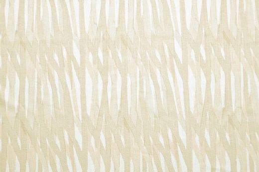 Christopher Farr Breakwater linen printed fabric in straw and natural tones on white linen, featuring a geometric pattern, designed for Christopher Farr Cloth.