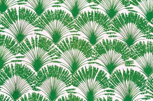 Brisa Feather Fan printed fabric in grass green, featuring a repeated pattern of fanned feathers, designed by Michael Szell for Christopher Farr Cloth.