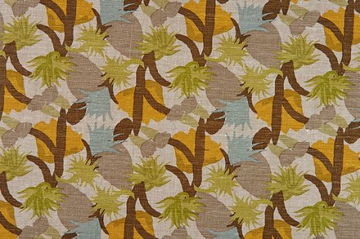 Repeated design of cactus flowers in the 'Pitaschio' colourway, part of the Cactus Flower collection by Commune for Christopher Farr Cloth, featuring celeste blue, honey yellow, brown, and olive green hues.