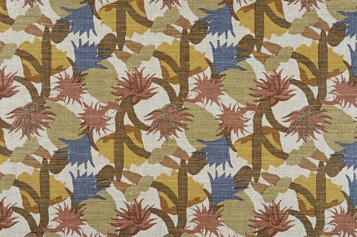 Repeated design of cactus flowers in the 'Lemon' colourway, part of the Cactus Flower collection by Commune for Christopher Farr Cloth, featuring royal blue, lemon yellow, brown, olive green, and terracotta hues.