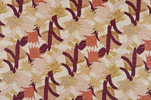 Repeated design of cactus flowers in the 'Wine' colourway, part of the Cactus Flower collection by Commune for Christopher Farr Cloth, featuring terracotta, plaster pink, burgundy, and olive green hues.
