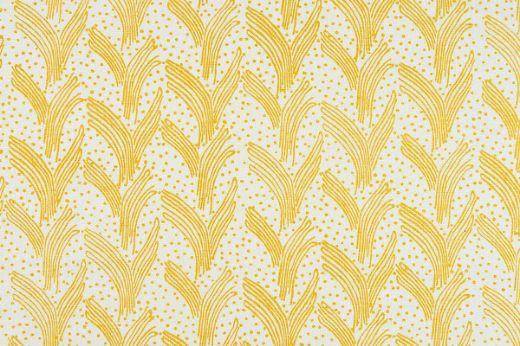 Lemon yellow colourway of Carnac printed linen fabric on white linen, featuring a contemporary Bauhaus-inspired dotty and line pattern, perfect for upholstery, curtains, and accessories.