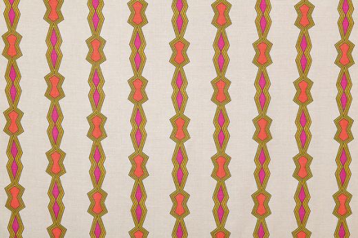 Chicago Geometric Stripe luxury natural linen fabric in hot pink, orange, and lemon yellow with bold geometric stripes, designed by El Ultimo Grito for Christopher Farr Cloth.