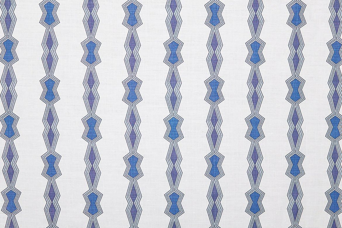 Chicago Geometric Stripe luxury white linen fabric in indigo blue, featuring a bold geometric pattern in stripes, designed by El Ultimo Grito for Christopher Farr Cloth.