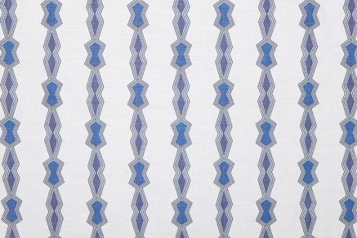 Chicago Geometric Stripe luxury white linen fabric in indigo blue, featuring a bold geometric pattern in stripes, designed by El Ultimo Grito for Christopher Farr Cloth.