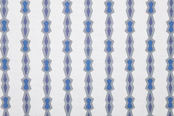 Chicago Geometric Stripe luxury white linen fabric in indigo blue, featuring a bold geometric pattern in stripes, designed by El Ultimo Grito for Christopher Farr Cloth.