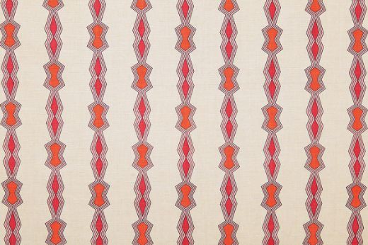 Chicago Geometric Stripe luxury natural linen fabric in hot pink and orange, featuring a bold geometric pattern in stripes, designed by El Ultimo Grito for Christopher Farr Cloth.