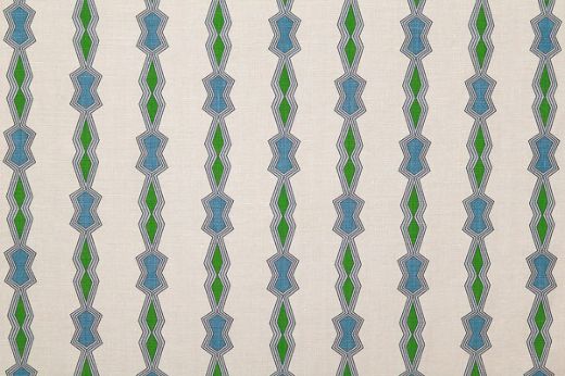 Chicago Geometric Stripe luxury natural linen fabric in green and blue, featuring a bold geometric pattern in stripes, designed by El Ultimo Grito for Christopher Farr Cloth.