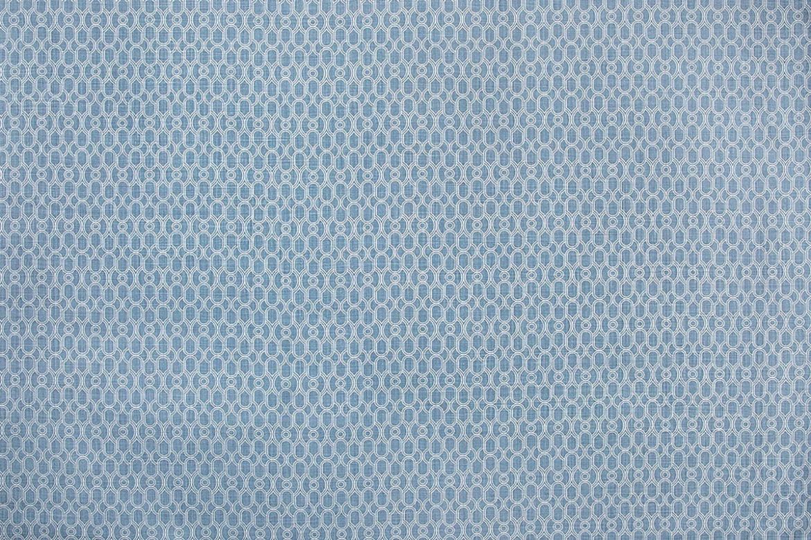 Chiselled Circle geometric printed linen fabric in denim blue, designed by And Objects for Christopher Farr Cloth.