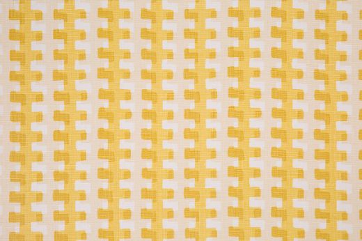Cremaillère  yellow colourway featuring vibrant yellow over soft yellow on white linen, modern geometric pattern by Raoul Dufy for Christopher Farr Cloth, ideal for upholstery and curtains.