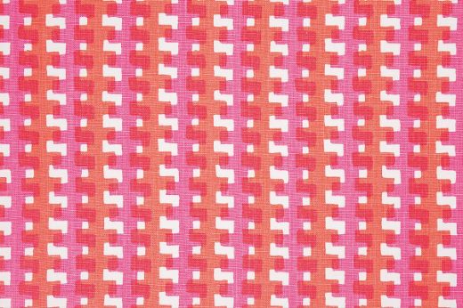 Cremaillère hot pink colourway with pink and orange overlapping on white linen, bold geometric pattern by Raoul Dufy for Christopher Farr Cloth, perfect for upholstery and curtains.