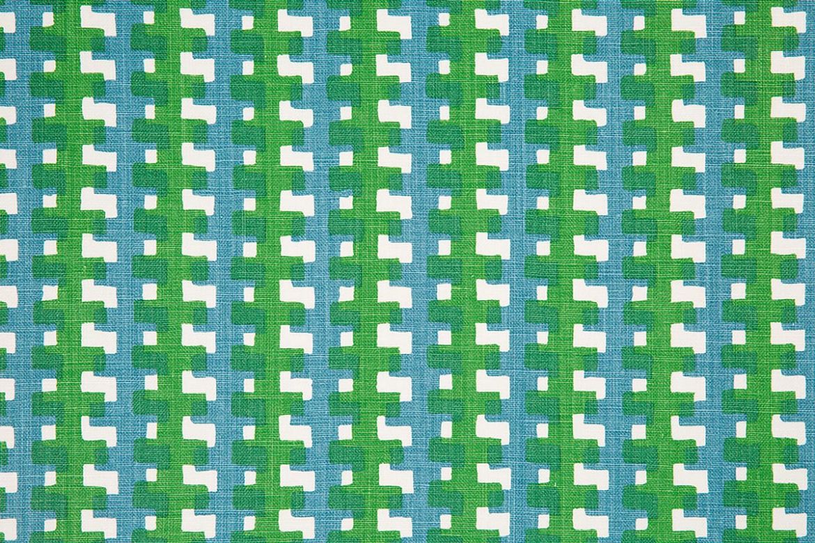 Green colourway fabric featuring green and blue hues on white linen, modern geometric pattern by Raoul Dufy for Christopher Farr Cloth, ideal for upholstery and curtains.