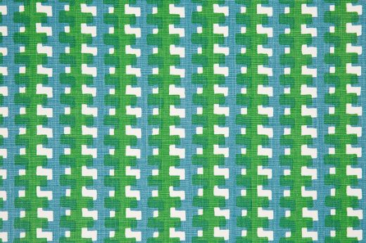 Green colourway fabric featuring green and blue hues on white linen, modern geometric pattern by Raoul Dufy for Christopher Farr Cloth, ideal for upholstery and curtains.