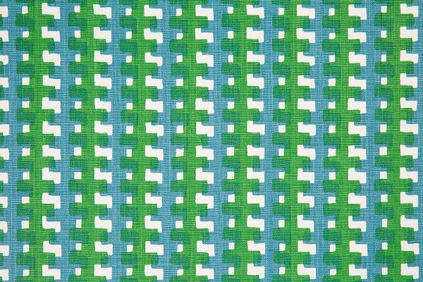 Green colourway fabric featuring green and blue hues on white linen, modern geometric pattern by Raoul Dufy for Christopher Farr Cloth, ideal for upholstery and curtains.