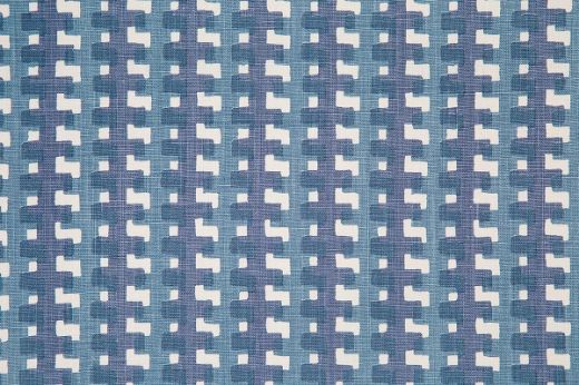 Cremaillère indigo colourway featuring indigo blue and denim blue overlapping on white linen, bold geometric pattern by Raoul Dufy for Christopher Farr Cloth, ideal for upholstery and curtains.