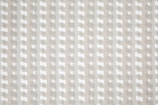 Cremaillère natural colourway featuring natural and grey overlapping on white linen, subtle geometric pattern by Raoul Dufy for Christopher Farr Cloth, perfect for upholstery and curtains.