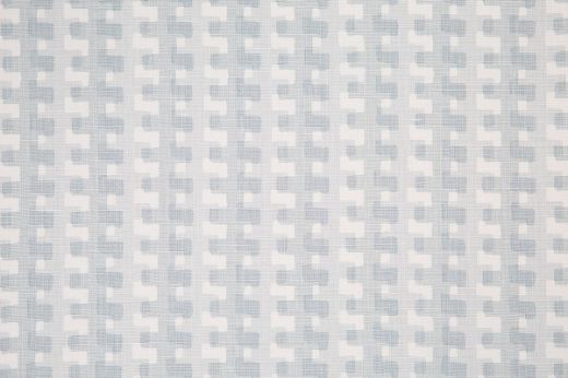 Cremaillère soft blue colourway featuring pale blue tones on white linen, delicate geometric pattern by Raoul Dufy for Christopher Farr Cloth, ideal for upholstery and curtains.