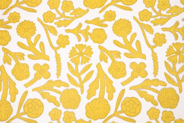Day Printed Fabric in Lemon, featuring abstract hand-drawn floral motifs in vibrant yellow on white linen, creating a bold, painterly pattern for interiors.