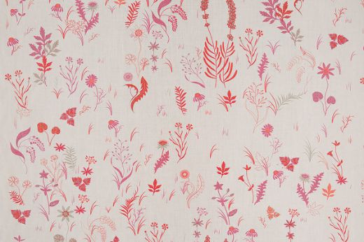 Whimsical botanical printed fabric on natural linen cloth printed in vibrant hot pink tones, featuring delicate English garden motifs by Tord Boontje.