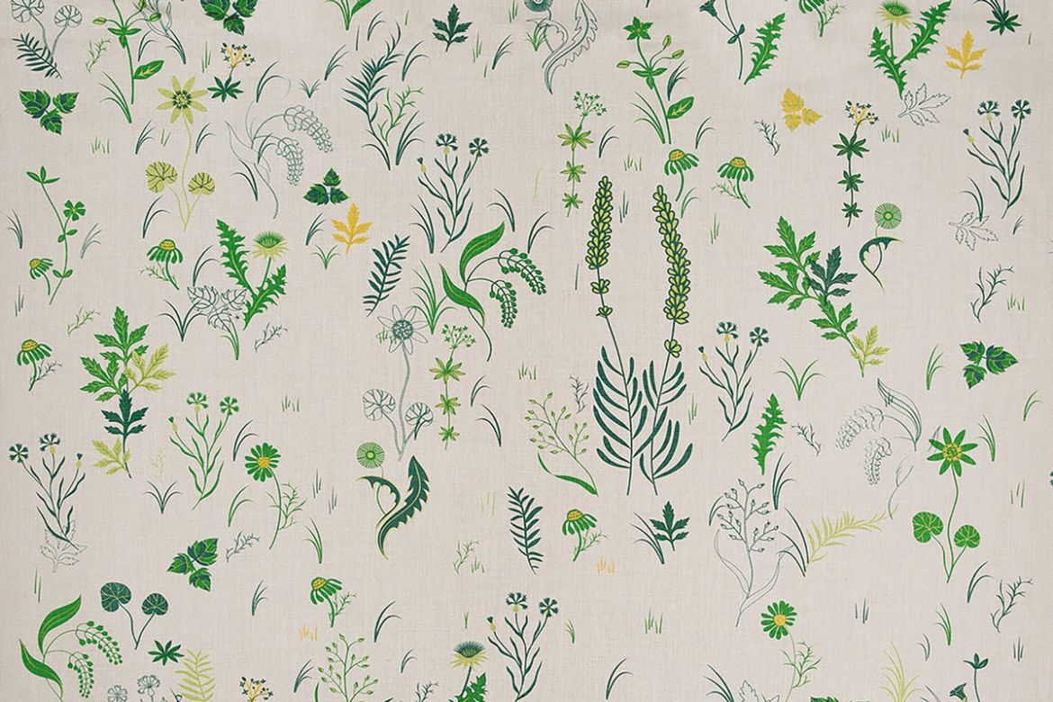 Lush green printed fabric on natural linen cloth with hand-drawn floral patterns, capturing the essence of an English garden by Tord Boontje.
