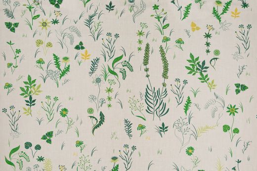 Lush green printed fabric on natural linen cloth with hand-drawn floral patterns, capturing the essence of an English garden by Tord Boontje.