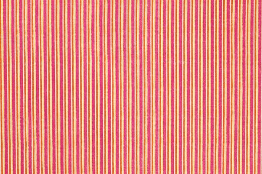 Peace and Love fabric in hot pink and yellow pinstripes on linen, showcasing a playful, uplifting design.