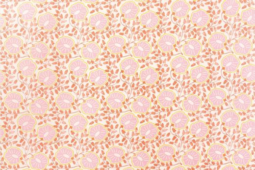 Soft peach, pink and orange with delicate floral paisley pattern, combining gentle blush tones with intricate floral motifs in warm hues.