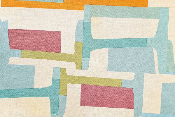 Span linen fabric in soft blues, soft greens, dusky pinks and bright orange. A playful geometric, designed by Christopher Farr Cloth.