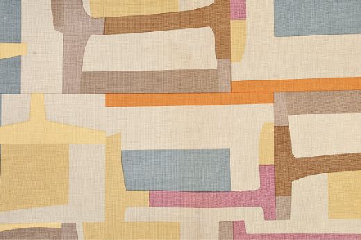Span linen fabric in rich honey yellow, pinks and brown oranges. A playful geometric, designed by Christopher Farr Cloth.